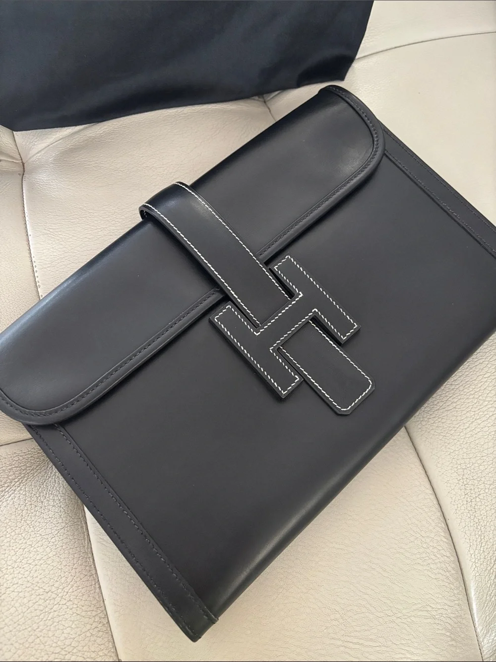 Hermes Black Leather Clutch with White Contrast Stitching